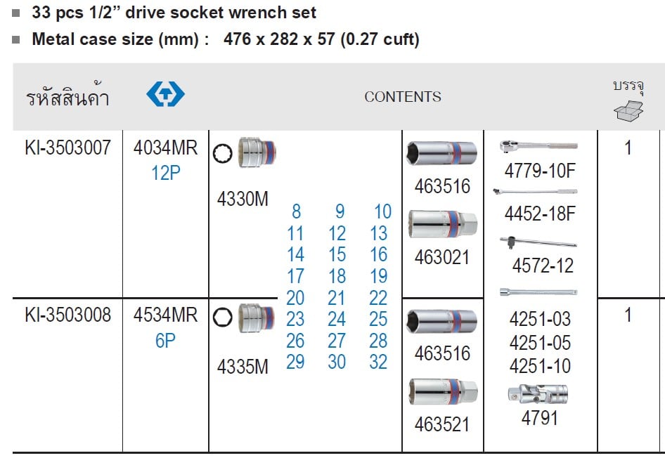 SKI - สกี จำหน่ายสินค้าหลากหลาย และคุณภาพดี | KINGTONY 4034MR บ๊อกชุด 1/2นิ้ว-12P-33 ตัวชุด (8-32mm.)